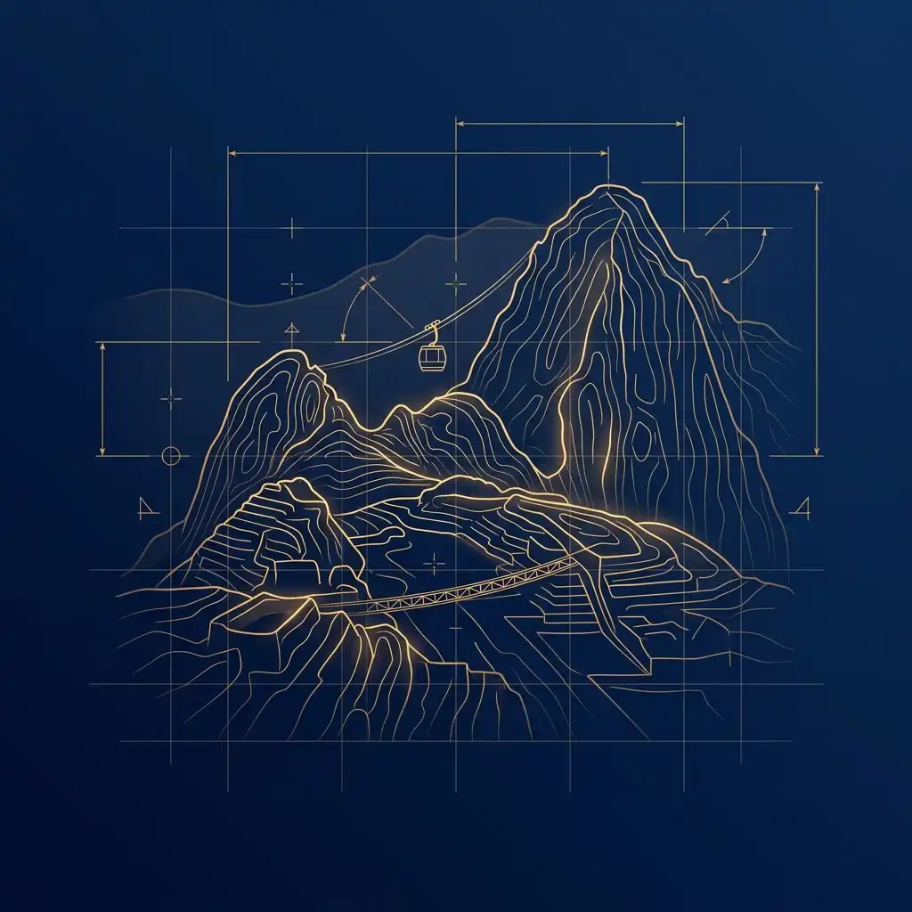 Blueprint drawing of Andean peaks with a cable car crossing the valley