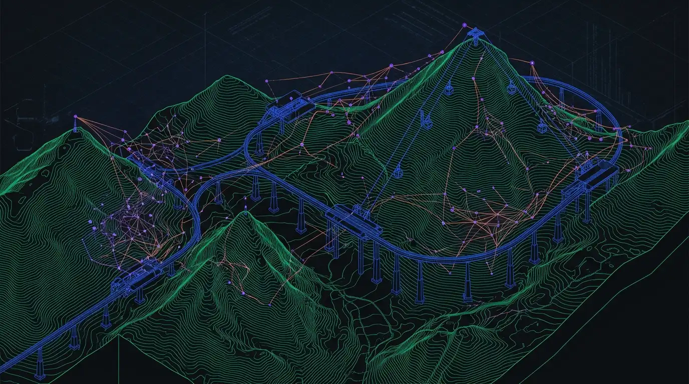 Illustration of Cusco's valley with a suspended monorail line and aerial cable cars over the hillsides